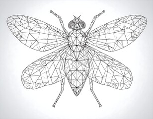 Graphic depiction of an insect from above. The fly is formed from intricate line segments creating a polygonal, geometric design