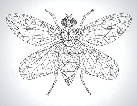 Graphic depiction of an insect from above. The fly is formed from intricate line segments creating a polygonal, geometric design