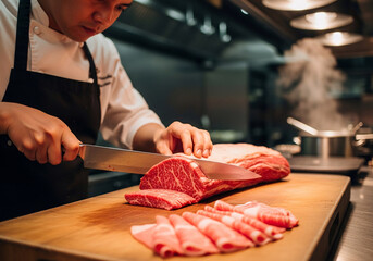 A professional chef expertly slicing premium beef in a gourmet kitchen. Discover Food Hacks for a Quick Recipe at home