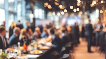 Blurred image of business professionals networking at a corporate banquet event, focus on business and entrepreneurship, ideal for business meetings, conferences, networking events, and professional g