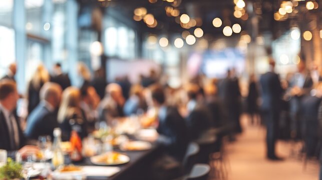 Blurred image of business professionals networking at a corporate banquet event, focus on business and entrepreneurship, ideal for business meetings, conferences, networking events, and professional g