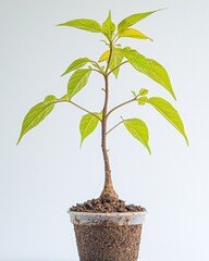 Obraz premium Sapling with vibrant green leaves in clear plastic cup against white backdrop