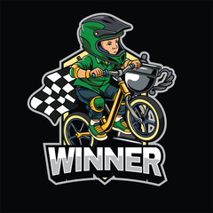 Happy little boy riding a push bike in cartoon illustration style