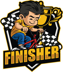 Happy little boy riding a push bike in cartoon illustration style