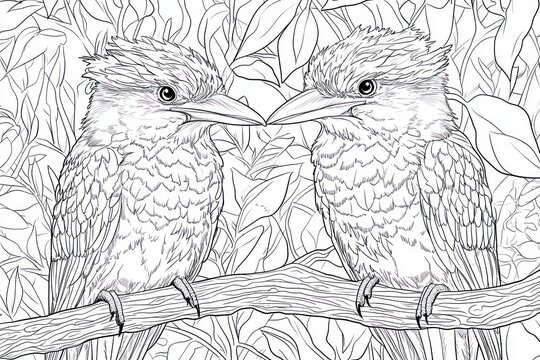 Two birds facing each other on a branch in a leafy background. Detailed line art, perfect for coloring