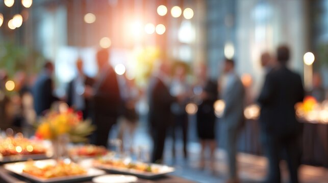 Blurred image of business professionals networking at a corporate banquet event, focus on business and entrepreneurship, ideal for business meetings, conferences, networking events, and professional g