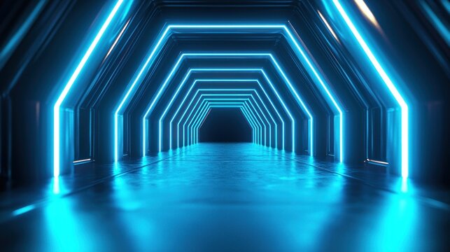 Sci-fi tunnel with glowing blue hexagonal neon frames receding into darkness - Powered by Adobe