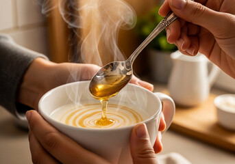 A person adds golden honey to a steaming mug of warm milk, a soothing Quick Recipe and one of the best Food Hacks for a cozy day
