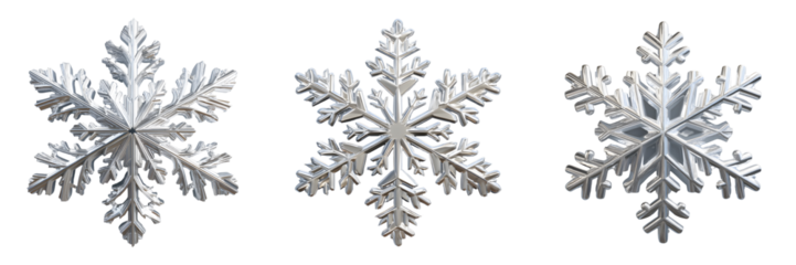 Set of silver snowflake ornaments, isolated on transparent background