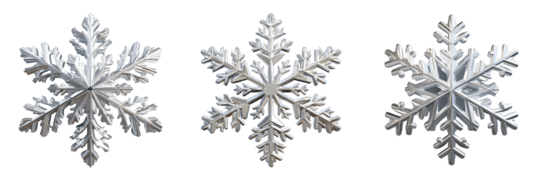 Set of silver snowflake ornaments, isolated on transparent background