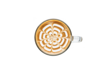 Artistic latte with intricate foam art design in clear glass mug perfect for cafe promotions