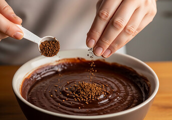 A close-up of a pastry chef's food hack, adding instant coffee to rich chocolate batter for an intensely flavorful quick recipe