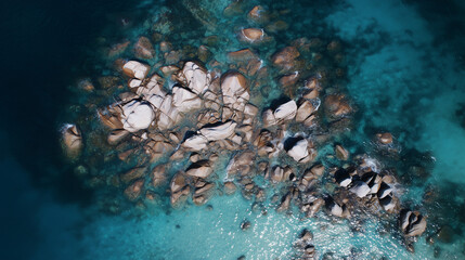 Coastal Gems: Turquoise waters embrace a cluster of weathered rock formations, a stunning aerial view of natural beauty. 