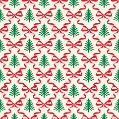 Seamless Christmas Pattern With Bow And Christmas Tree On Ivory Background