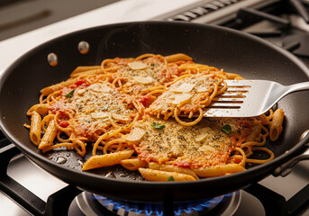 Explore clever Food Hacks with this Quick Recipe for a one-pan skillet pasta bake, featuring penne, rich tomato sauce, and a crispy cheese topping