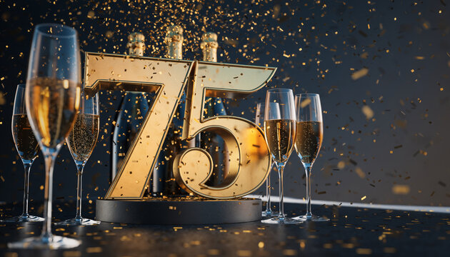 Golden number 75 centerpiece with champagne glasses, confetti explosion, and celebratory atmosphere, perfect for milestone anniversary or birthday party, elegant and festive mood