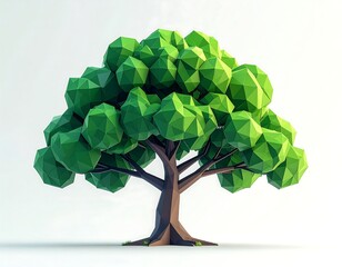 Low-poly illustration of a green tree against a white gradient background