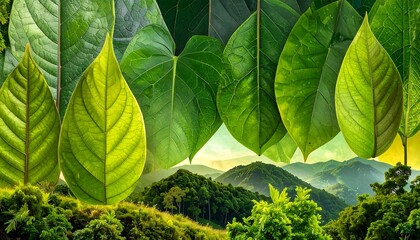Lush Green Leaves and Mountain Landscape - A Natural Harmony.