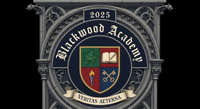 Detailed emblem of an educational institution featuring a shield with symbols, a decorative frame, and the year 2025 inscribed at the top, representing tradition and academic excellence