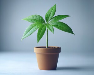 Fototapeta premium Young plant with bright green leaves in a small terracotta pot on gray background