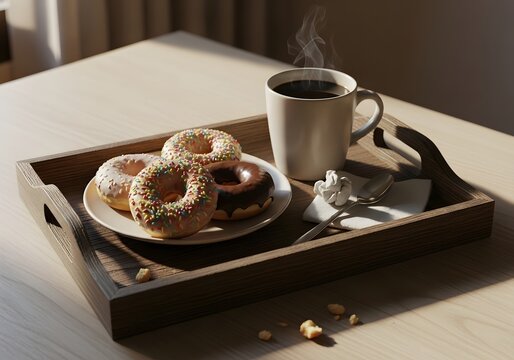 A warm cup of coffee and a plate of donuts on a wooden tray