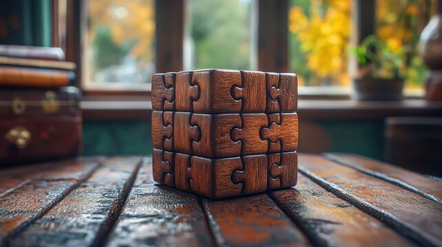 Wooden puzzle cube on wooden table, with blurred autumn background seen through window - Powered by Adobe