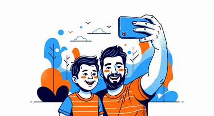 Father and Son Bonding Capturing Memories with a Cheerful Smartphone Selfie