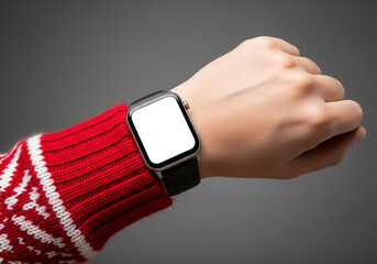 Close up of a hand wearing a modern smartwatch with a blank white screen for a mockup. The wrist is covered by a festive red and white patterned sweater. Isolated on a dark background.