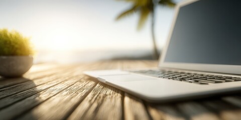 Laptop on Wooden Table with Palm Tree and Ocean View During Golden Hour