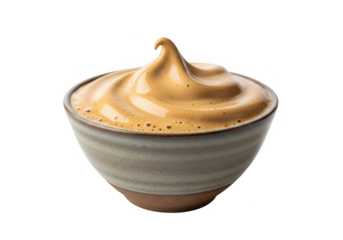 Indulgent whipped coffee foam artfully swirled in a rustic ceramic bowl, perfect for cafes