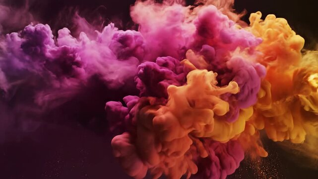Abstract Holi Color Cloud Floating Pigments of Celebration in Pink and Gold Against a Dark Backdrop