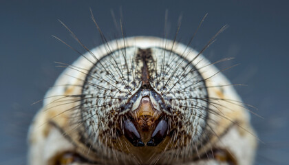 Photorealistic macro silkworm head close up with visible details, hair texture, intricate pattern, and natural color, creating fascinating and detailed insect portrait