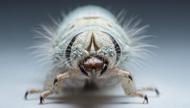 Photorealistic macro silkworm head close up with visible details, hair texture, and intricate mouthparts, showcasing natural insect anatomy and fine surface structure