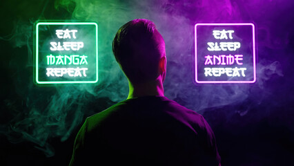 Rear view of male person look between two futuristic neon signs Eat Sleep Manga Repeat and Eat Sleep Anime Repeat