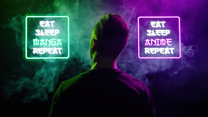 Rear view of male person look between two futuristic neon signs Eat Sleep Manga Repeat and Eat Sleep Anime Repeat