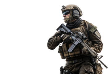 Soldier in tactical gear holding rifle, profile view