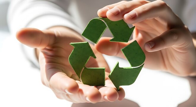 close-up of human hands gently holding a green recycling symbol made of eco-friendly material