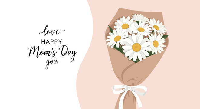 Happy Mother's Day Daisy Bouquet Illustration with Calligraphy