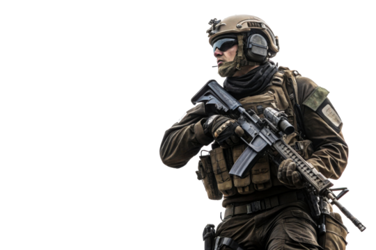 Soldier in tactical gear holding rifle, profile view - Powered by Adobe