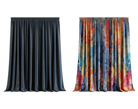 Two Curtains One Solid Gray One Patterned isolated on a transparent background