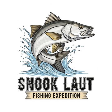 snook fish as a logo print design on various media such as t-shirts, mugs, hats, tote bags, etc. for various events related to fishing hobbies, vintage cartoon flat design illustrations
