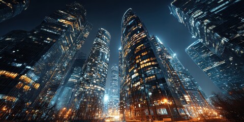 Towering Modern Skyscrapers Illuminated at Night with Vibrant Blue and Yellow Lights in a Cityscape