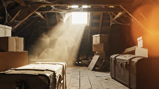 Sunlit attic with old boxes vintage trunks