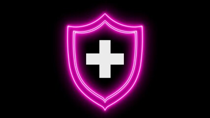 Neon line shield with a medical cross or plus icon. Represents health protection, medical safety, cyber security, insurance, and digital healthcare concepts. plus symbol sign icon. medical icon 