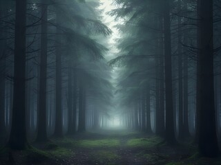Fototapeta premium Mysterious Foggy Dark Forest with Tall Pine Trees and Pathway