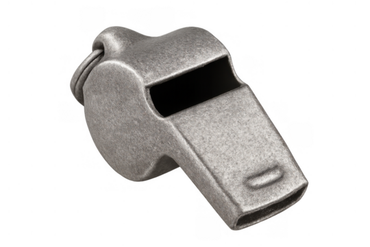 Metal referee whistle indicating a signal for sports events, a coach tool for training, and an alert sound device