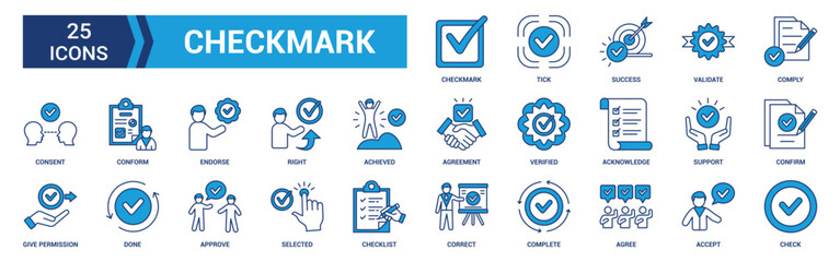 Checkmark icon set. Containing check, accept, agree, selected, confirm, approve, correct, complete, checklist, and verified icons. Blue icon collection.