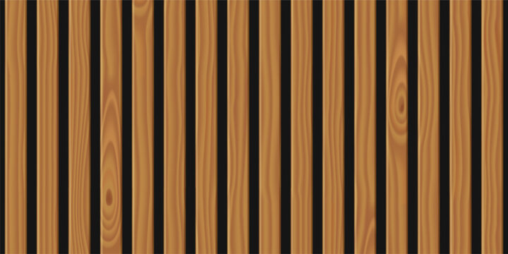 Background with wood wall with vertical planks. Horizontal seamless pattern with 3d panels with brown wooden texture. Modern interior decor with lath, vector realistic illustration