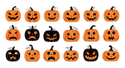Collection of Spooky Halloween Pumpkins with Different Carved Faces