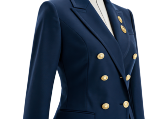 Dark blue double-breasted jacket with gold buttons on display